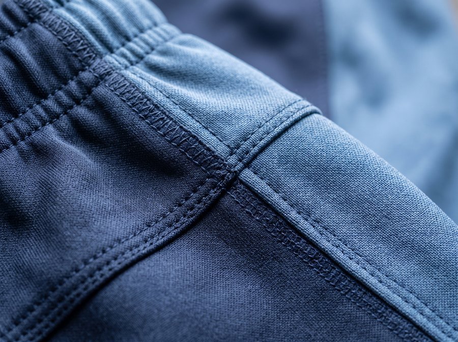 Extreme close-up of an elasticated jogger waistband above a panel seam, showing the gathered elastic casing and the coverstitch