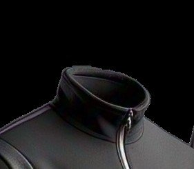 Close-up of the stand collar of the black track jacket with the metal front zip pulled to the top of the neck