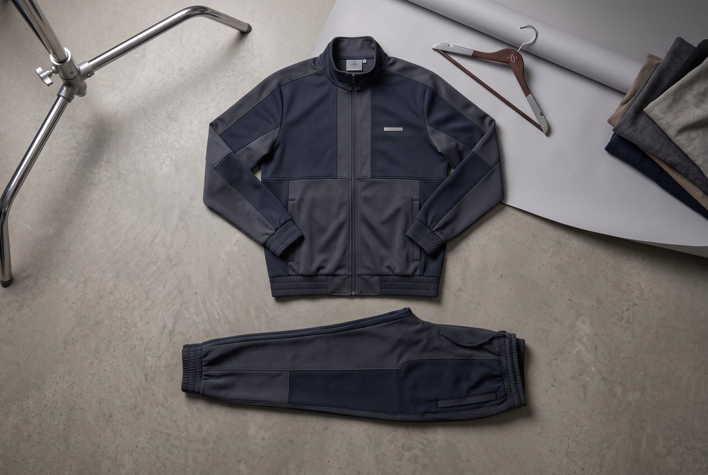 Navy panelled track jacket laid flat beside matching cuffed joggers, photographed from above with folded fabric swatches alongside