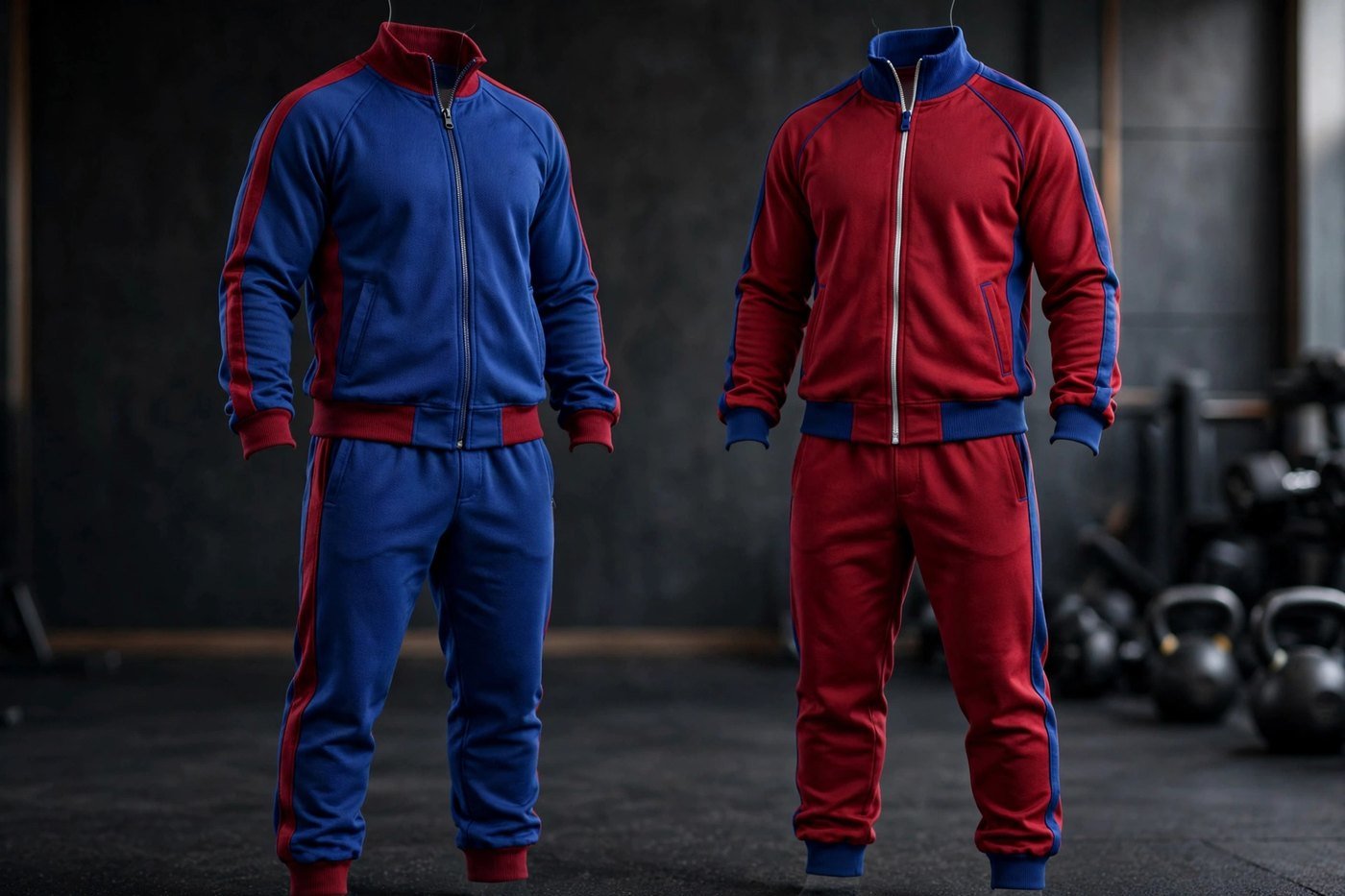 Two retro-style tracksuits on invisible mannequins with stand collars, full-length zips and a single contrast stripe