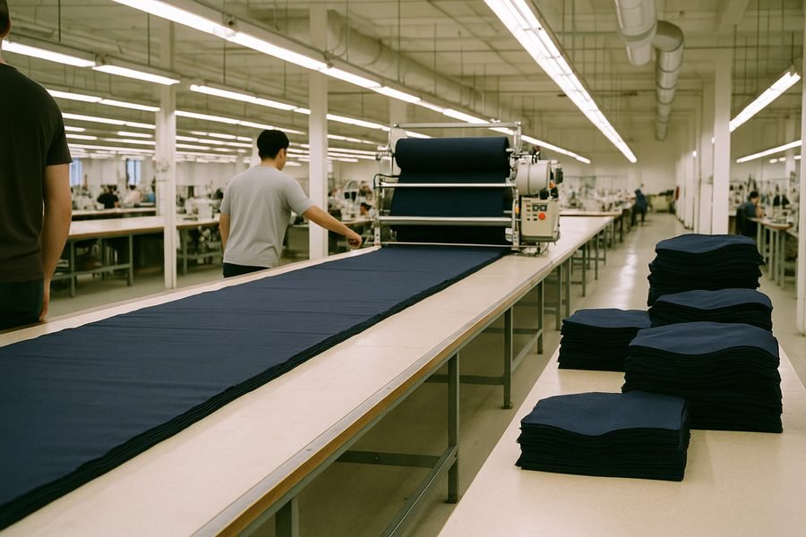 Fabric spreading and cutting tables in a garment factory with layered navy fabric