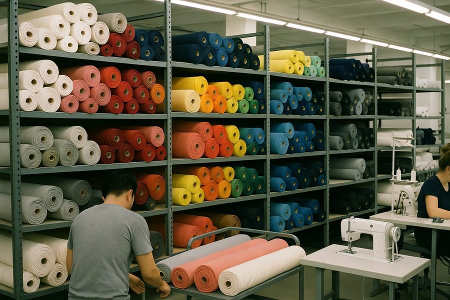 Fabric store room with shelving racks holding rolls of knit fabric in many colours
