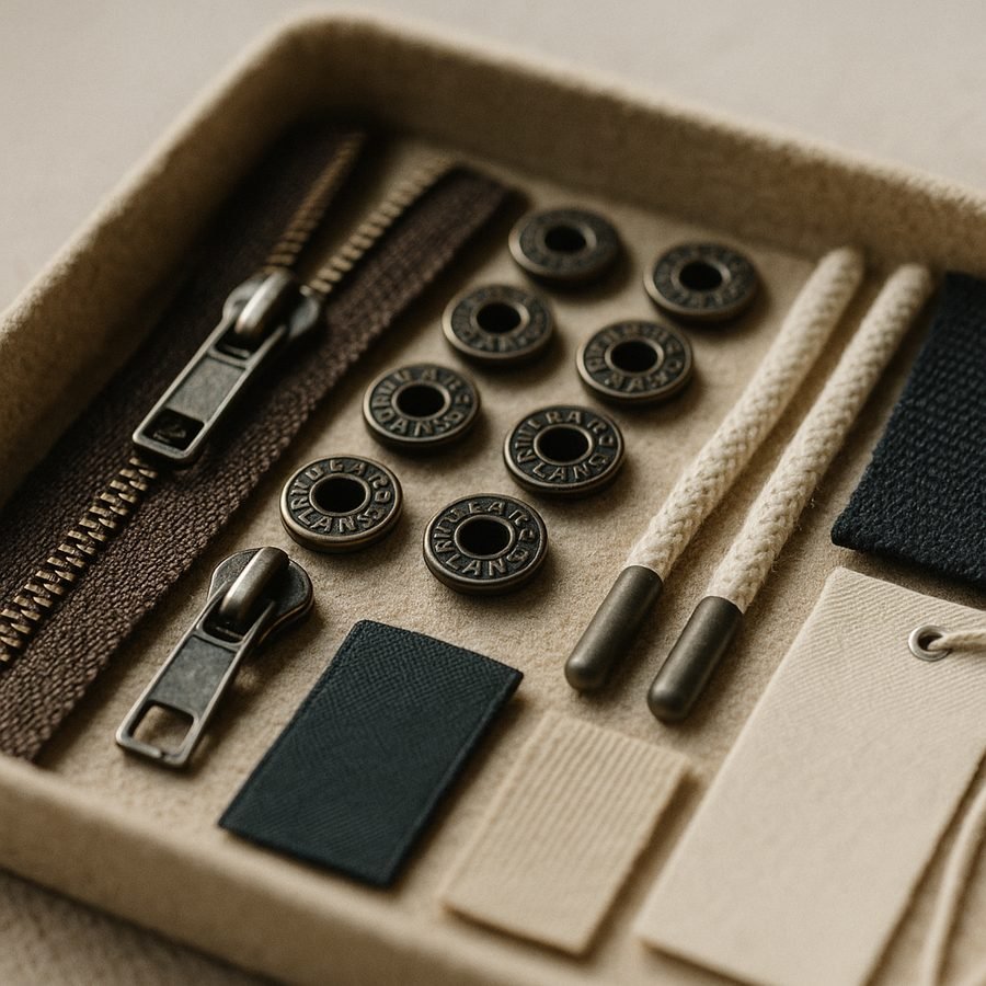 Tray of garment trims including zips, branded snap buttons, drawcord aglets and woven labels