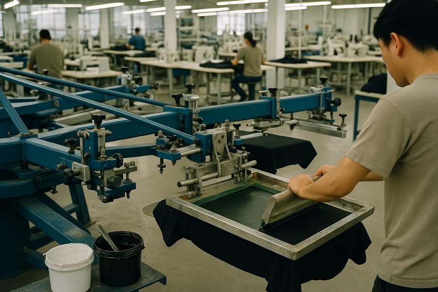 Screen printing carousel with a squeegee pulling ink across a screen onto a black t-shirt